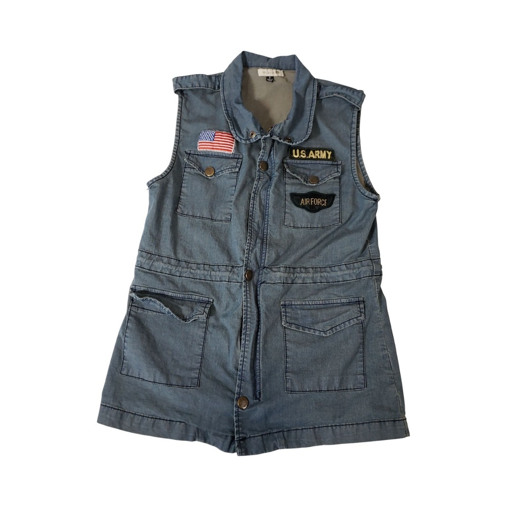 Misope Blue Denim Military Utility Vest US Army Air Force Patches Small J1154